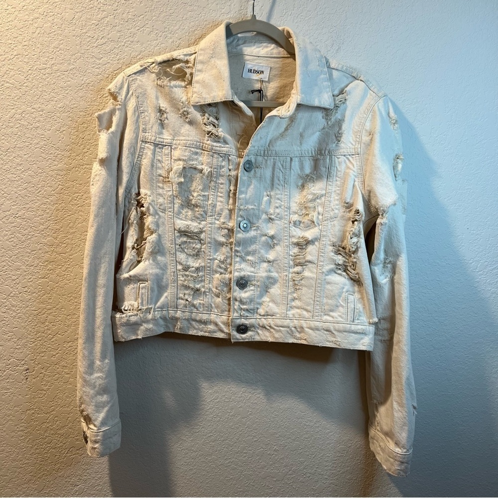 Women’s new Hudson ivory Garrison distressed cropped denim jacket size small S